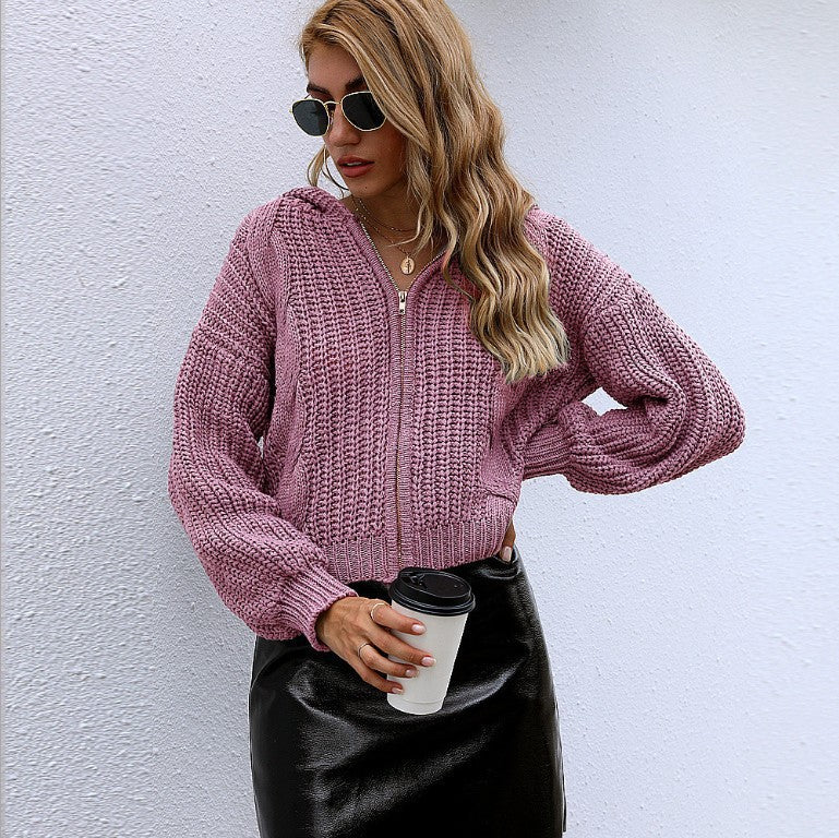 Loose Twist Hooded Knitted Cardigan With Zipper