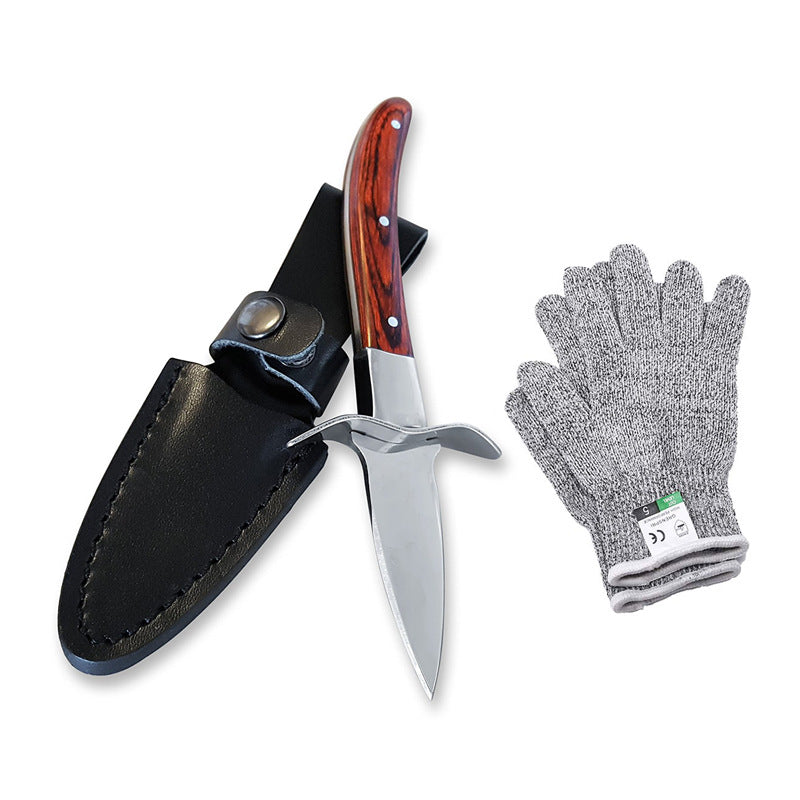 Stainless steel oyster knife with cut resistant gloves