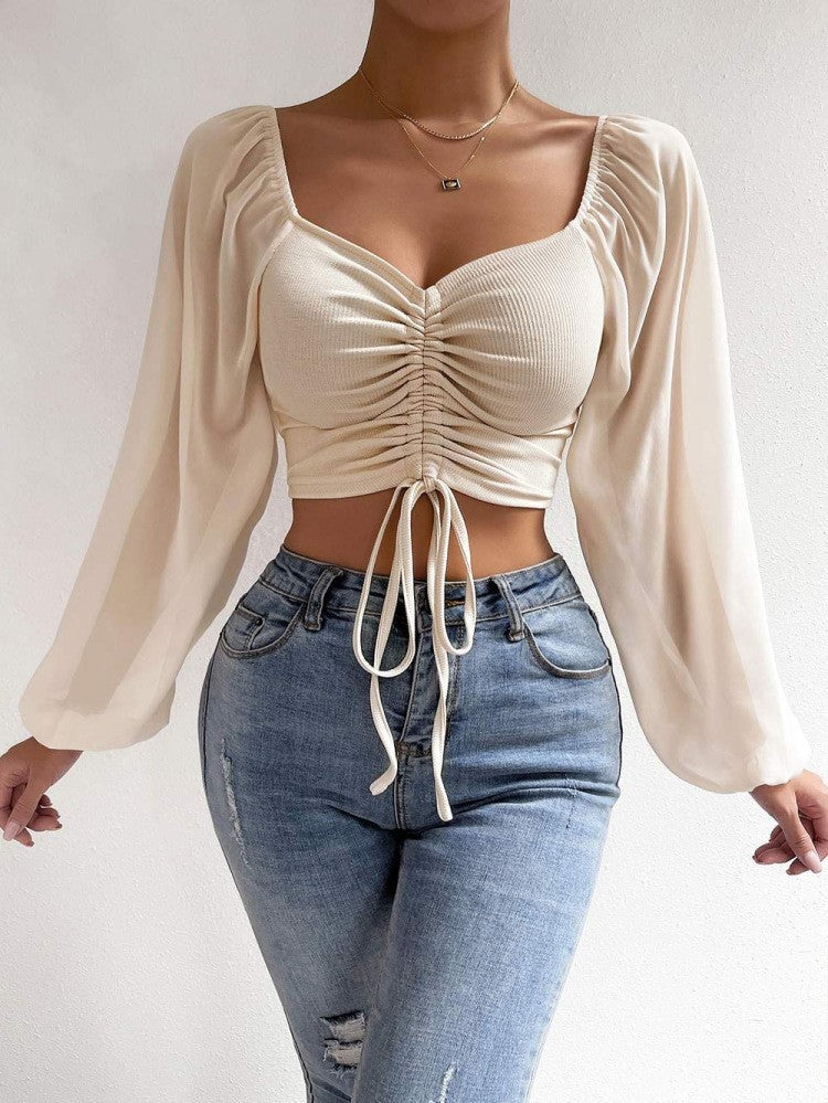 Low-cut Sexy V-neck Stitching Chiffon Long Sleeve Drawstring Lantern Sleeve Slim Fit Slimming Top