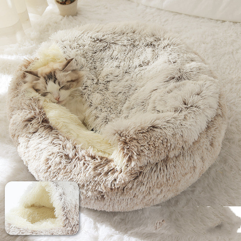 2 In 1 Dog And Cat Bed Pet Winter Bed Round Plush Warm Bed  Soft Long Plush Pets Bed