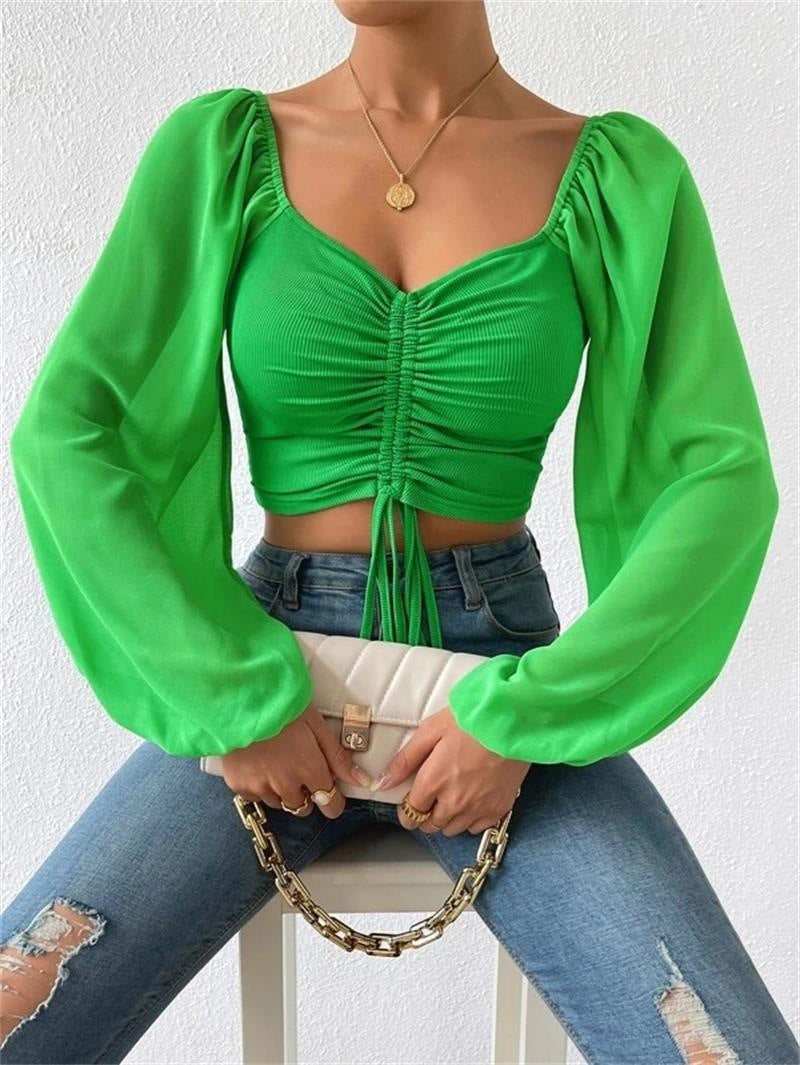 Low-cut Sexy V-neck Stitching Chiffon Long Sleeve Drawstring Lantern Sleeve Slim Fit Slimming Top