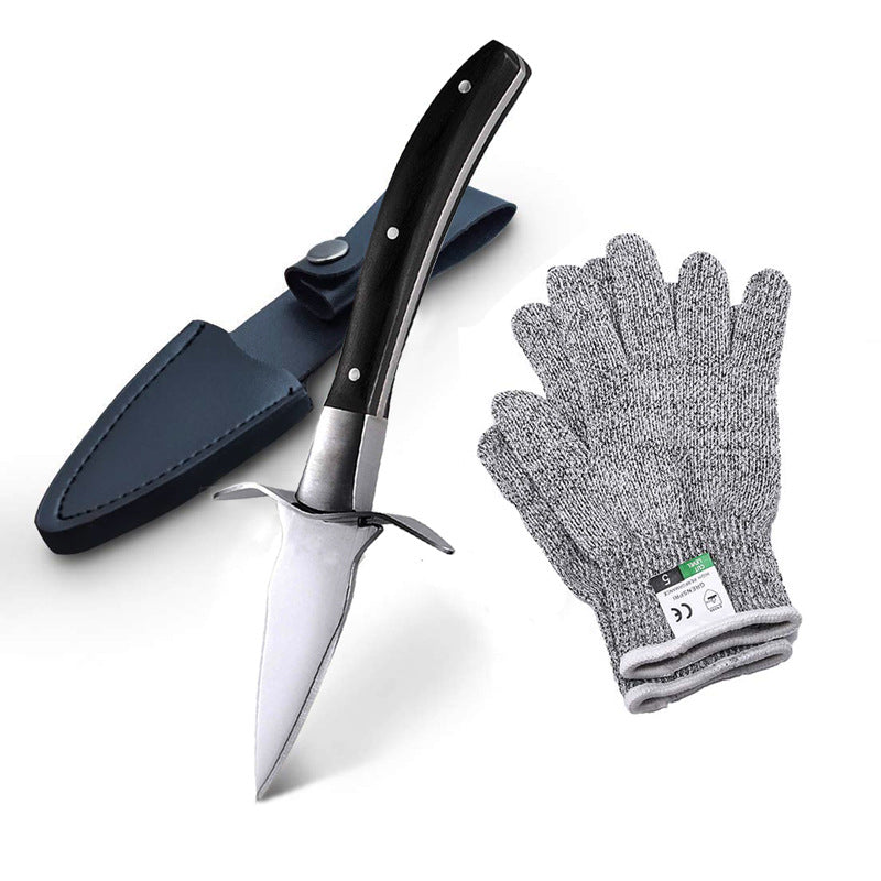 Stainless steel oyster knife with cut resistant gloves