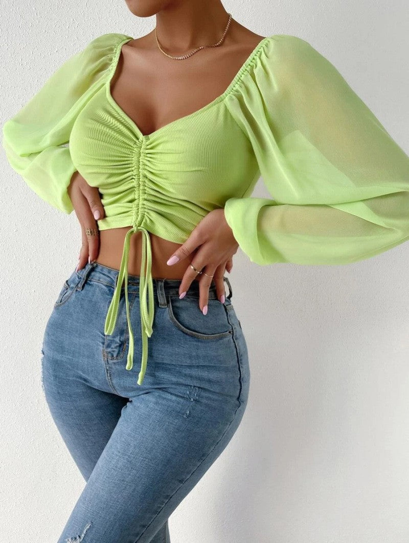 Low-cut Sexy V-neck Stitching Chiffon Long Sleeve Drawstring Lantern Sleeve Slim Fit Slimming Top