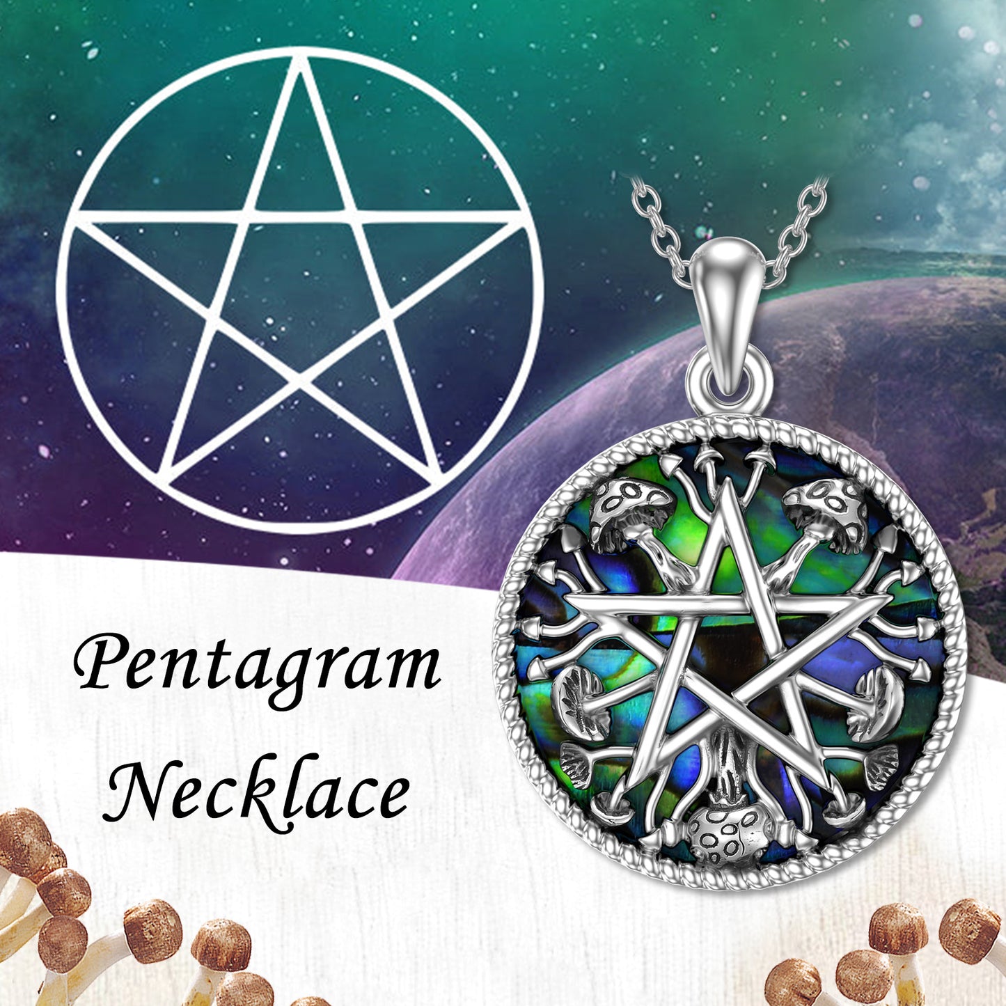 Abalone Shell Mushroom Pentagram Necklace for Women in Sterling Silver