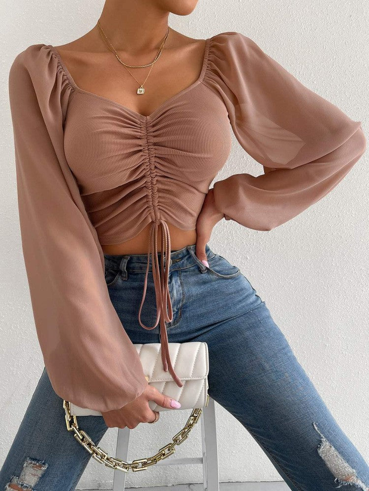 Low-cut Sexy V-neck Stitching Chiffon Long Sleeve Drawstring Lantern Sleeve Slim Fit Slimming Top