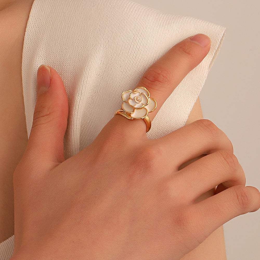 Vintage White Camellia Ring Women's French Light Luxury