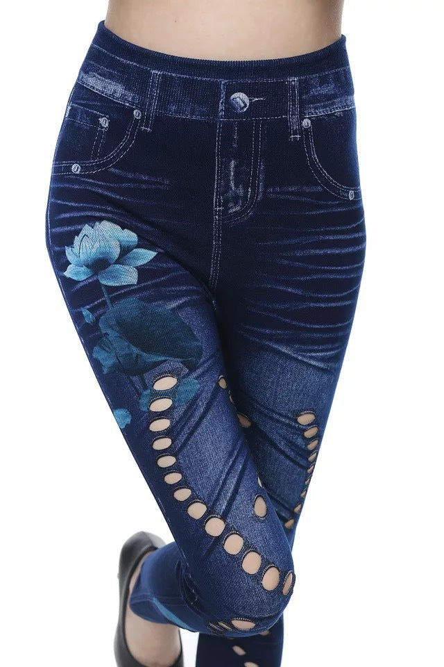 Seamless Cotton Faux Denim Cutout Leggings