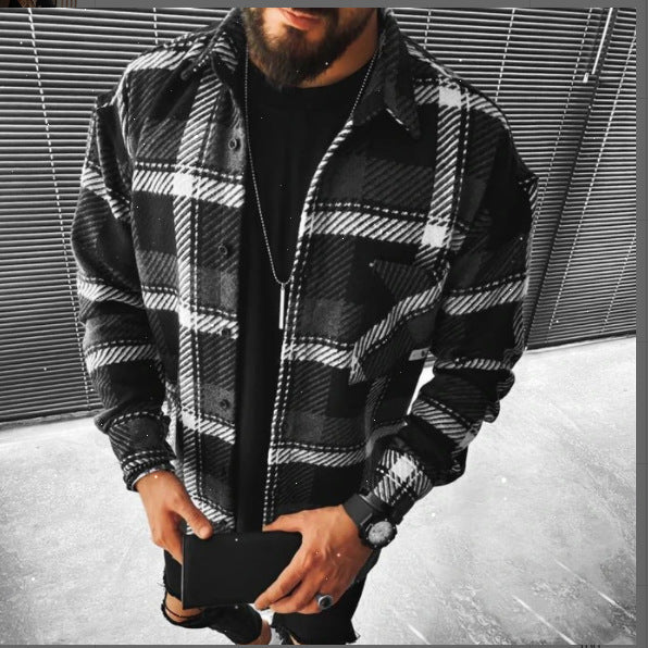 2021 Wish New Men's Shirt Plaid Pocket Long Sleeve Shirt