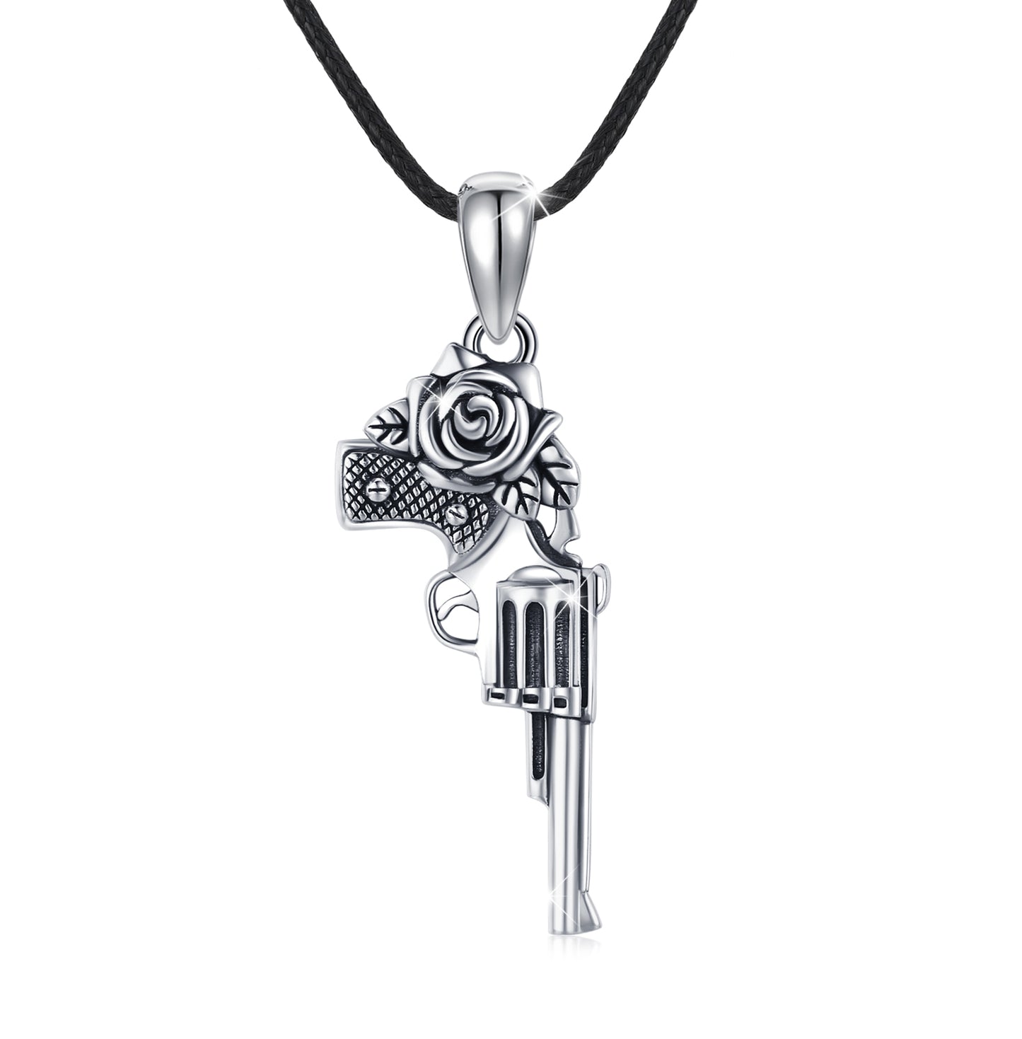 S925 Sterling Silver Rose Gun Pendant Necklace For Men Women,Military Style Unisex Punk Rapper Jewelry Gun Weapon Charm Pendant Necklaces