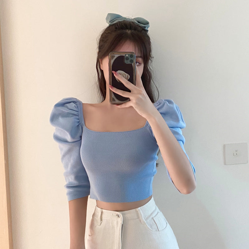 Square neck puff sleeve women's short sleeve T-shirt