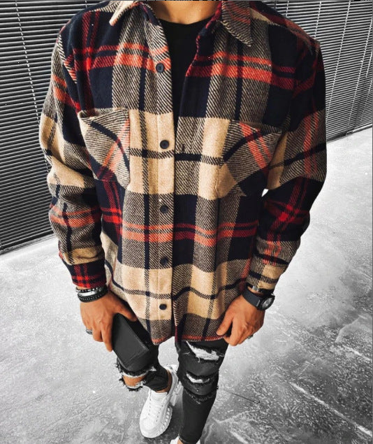 2021 Wish New Men's Shirt Plaid Pocket Long Sleeve Shirt