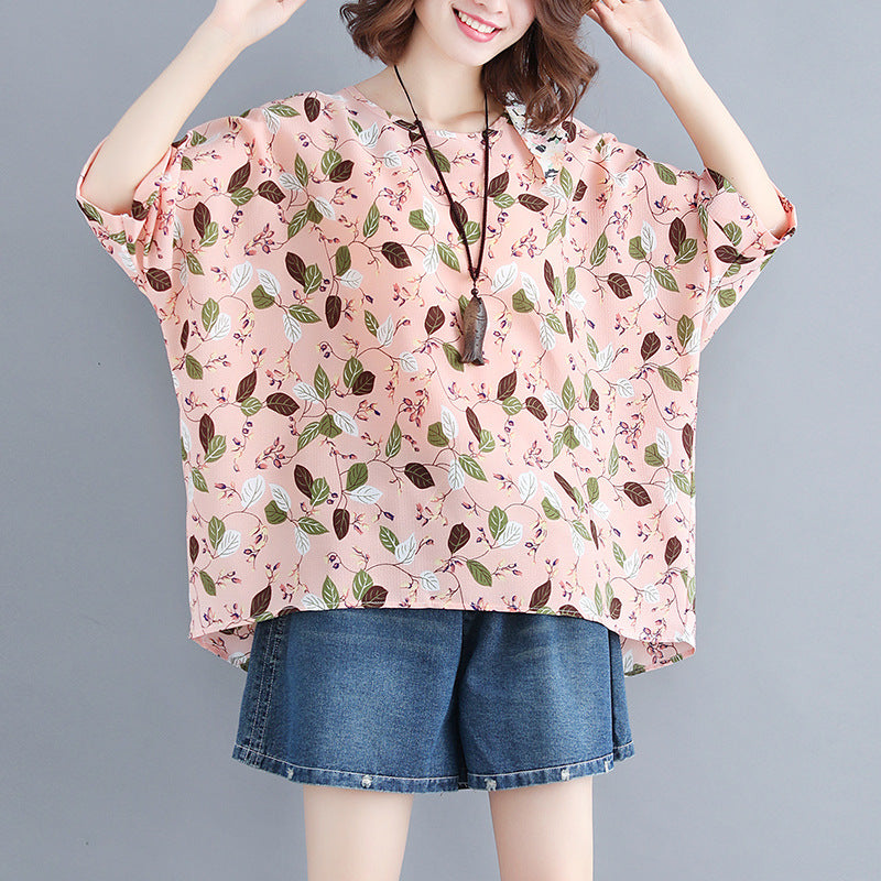 Women's loose chiffon printed bat short-sleeved T-shirt women