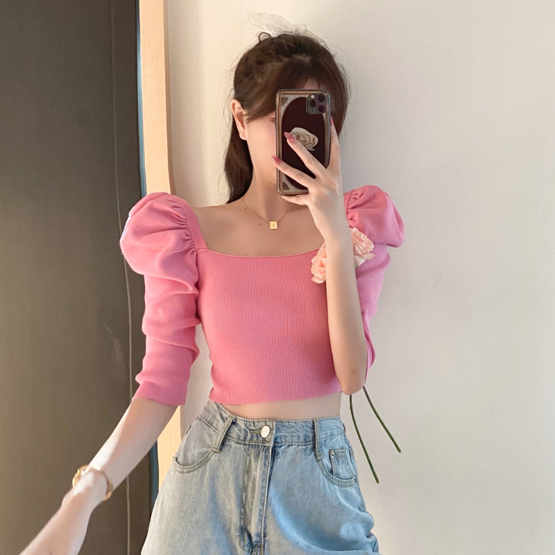 Square neck puff sleeve women's short sleeve T-shirt