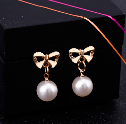 Allergy-Free Heart Zircon Ear Pins Bowknot Pearl Earrings for Women Pendiente Eardrop Rose Gold Earrings Fashion Jewelry