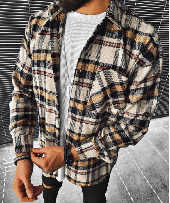 2021 Wish New Men's Shirt Plaid Pocket Long Sleeve Shirt