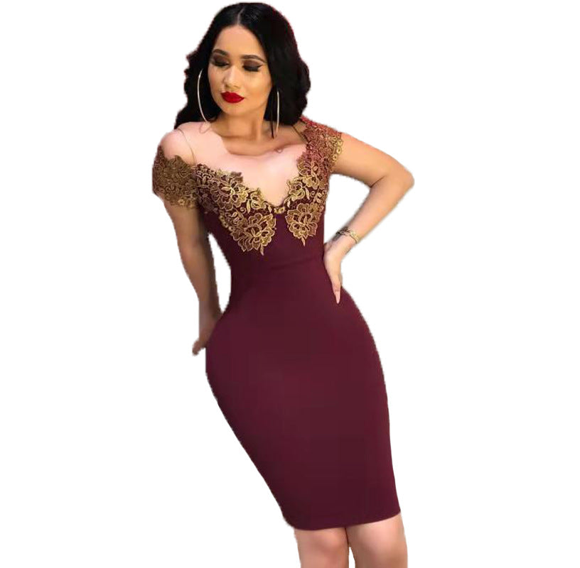 European and American women's lace bronzed deep V-collar sexy dress