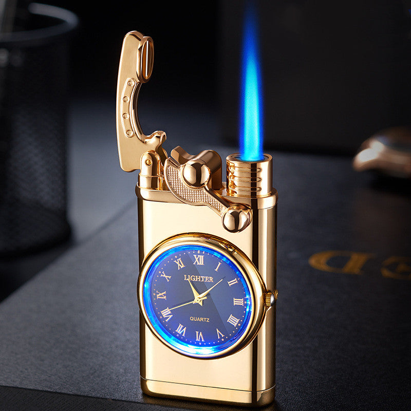 New Lighter With Electric Watch Rocker Arm Automatic Ignition Straight Blue Flame Lighter Creative Real Dial Inflatable Windproof Lighter Men's Watch Gift