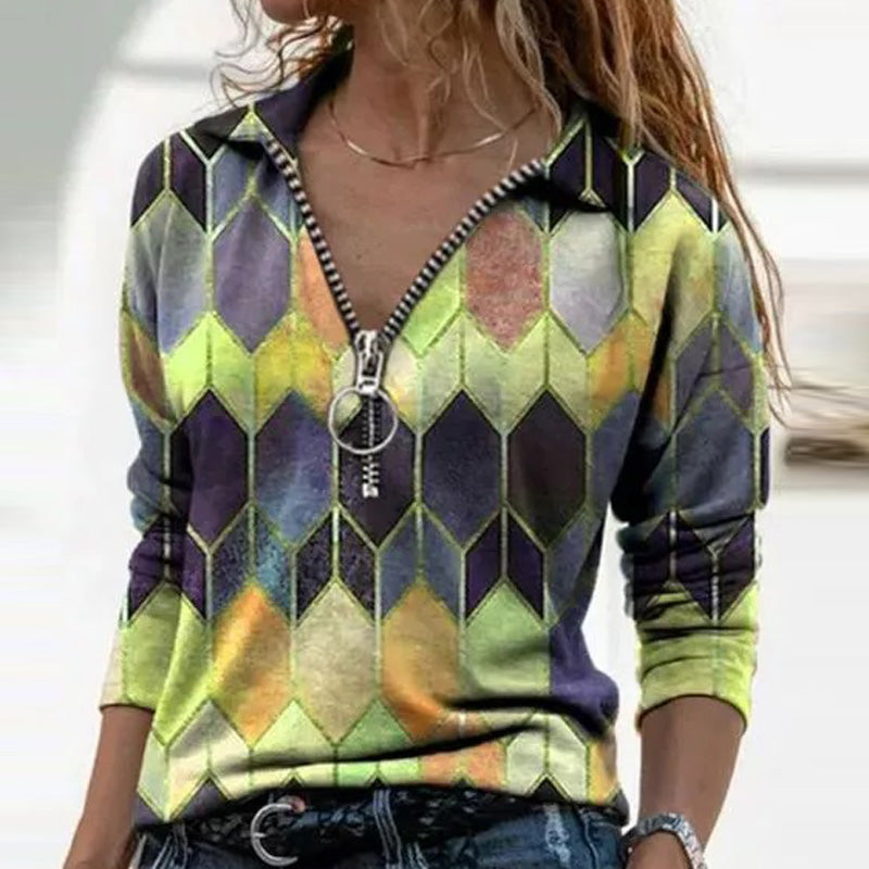 Pullover Stitching Printed V-neck Long Sleeve Shirt