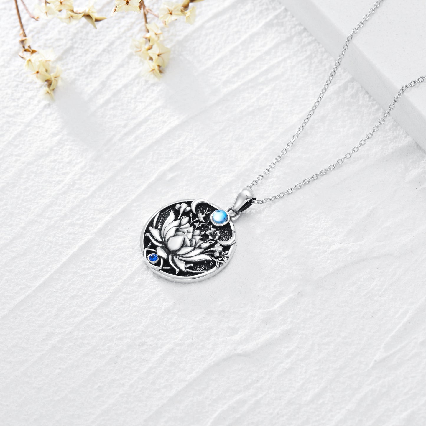 Lotus Evil Eye Necklace Sterling Silver Evil Eye Pendant Spiritual Protection Charm Moonstone Jewelry Moon Necklace for Women Girls