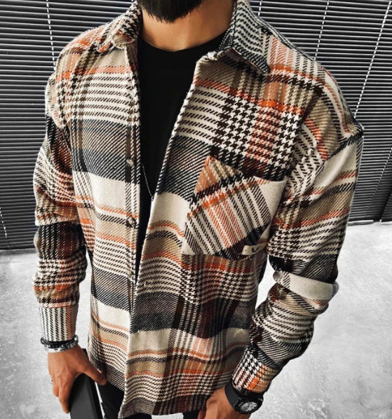 2021 Wish New Men's Shirt Plaid Pocket Long Sleeve Shirt