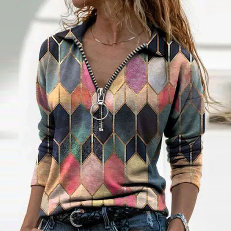 Pullover Stitching Printed V-neck Long Sleeve Shirt