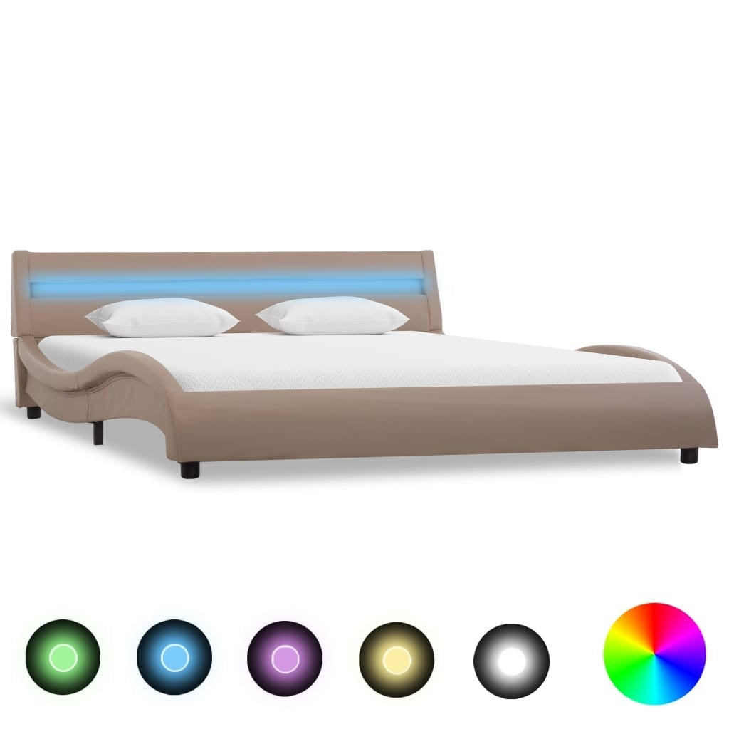 Bed frame with LED cappuccino brown imitation leather 160 x 200 cm