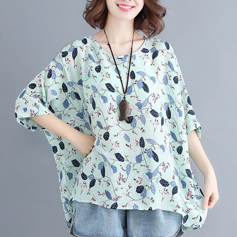 Women's loose chiffon printed bat short-sleeved T-shirt women