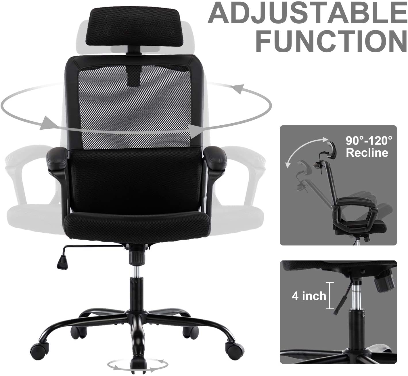 High Back Ergonomic Mesh Desk Office Chair with Padding Armrest and Adjustable Headrest