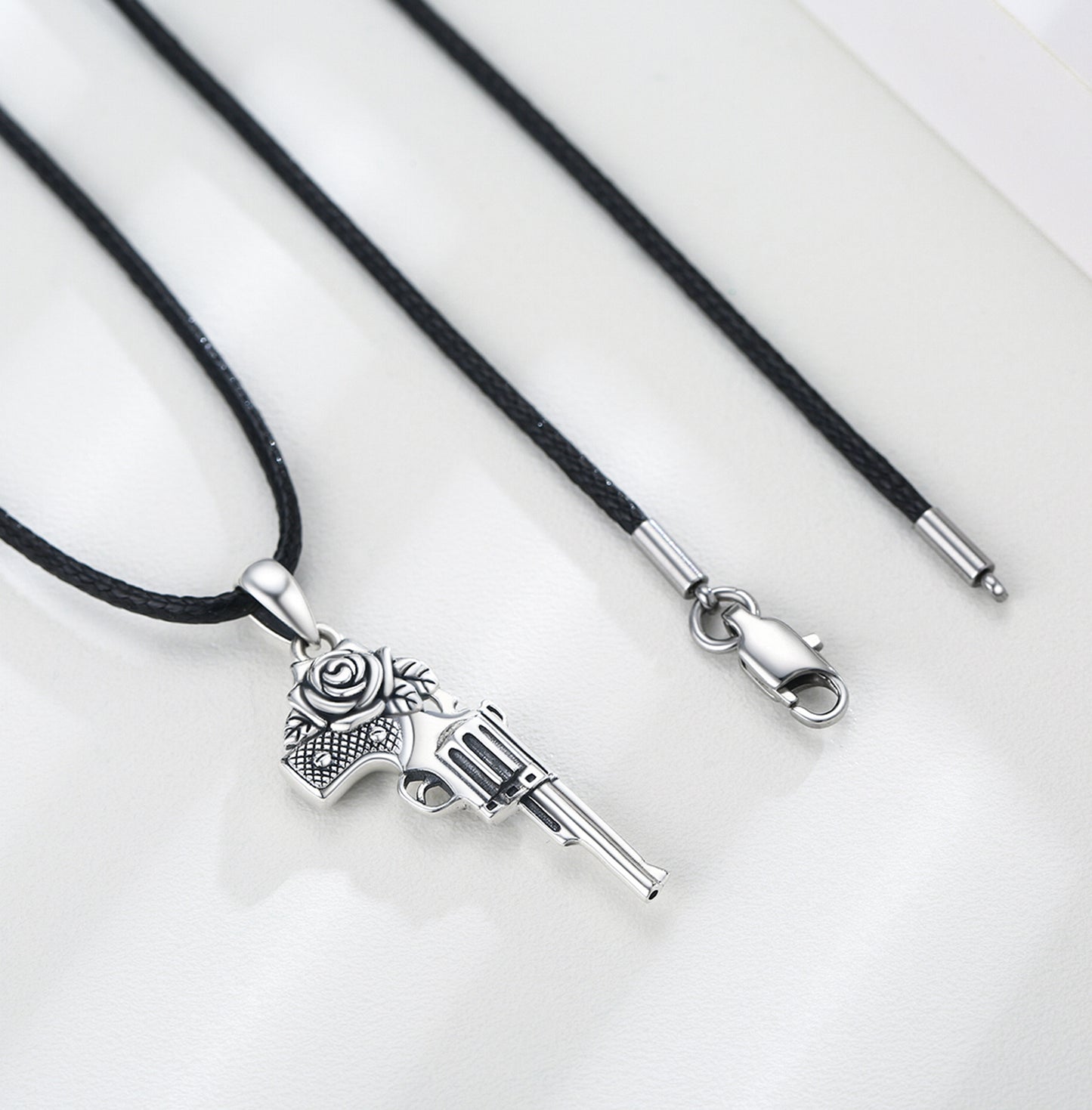 S925 Sterling Silver Rose Gun Pendant Necklace For Men Women,Military Style Unisex Punk Rapper Jewelry Gun Weapon Charm Pendant Necklaces