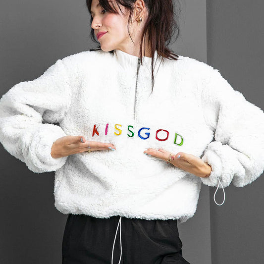 Letter embroidered lamb hair drawstring sweater