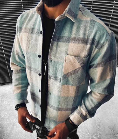 2021 Wish New Men's Shirt Plaid Pocket Long Sleeve Shirt