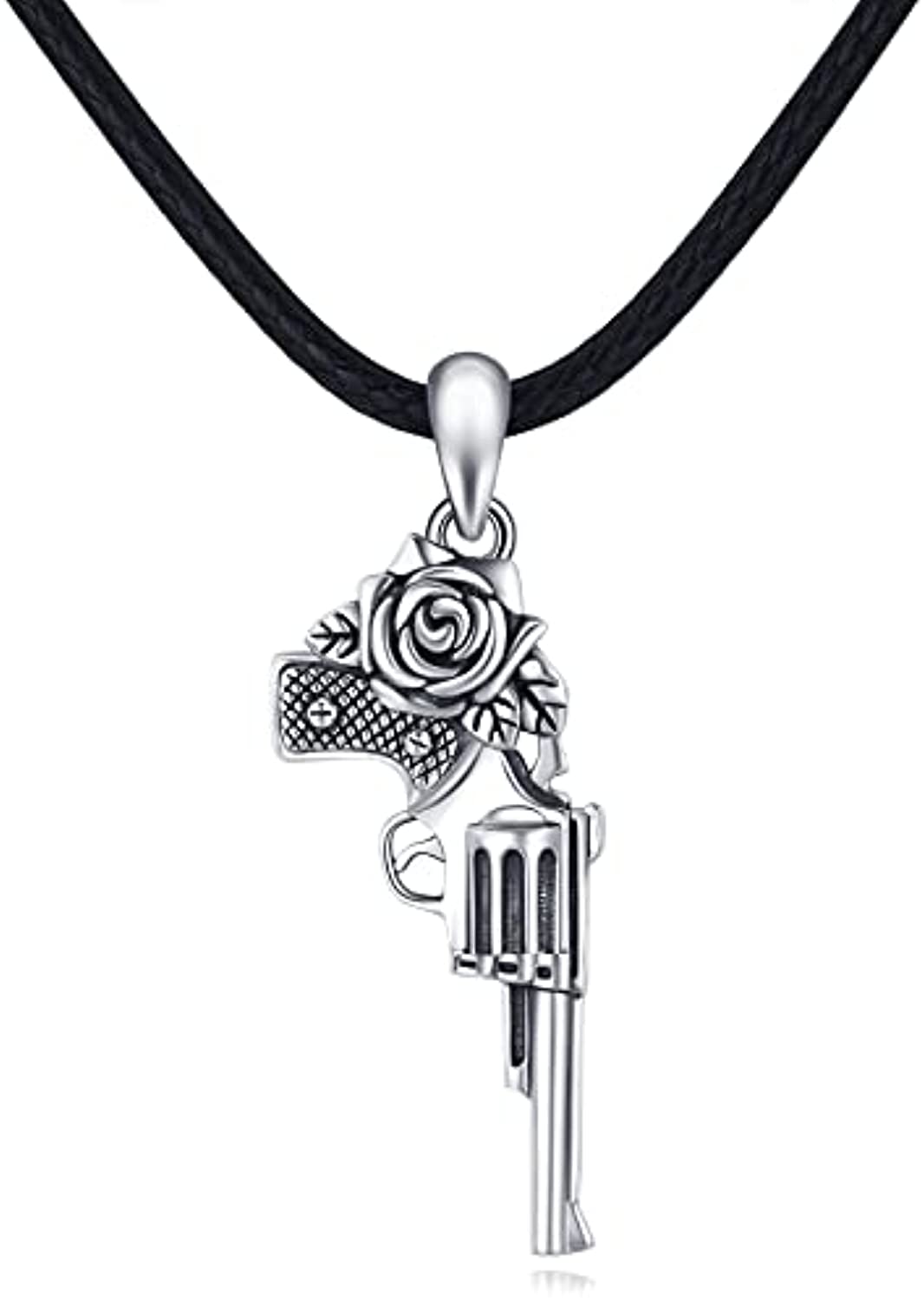 S925 Sterling Silver Rose Gun Pendant Necklace For Men Women,Military Style Unisex Punk Rapper Jewelry Gun Weapon Charm Pendant Necklaces