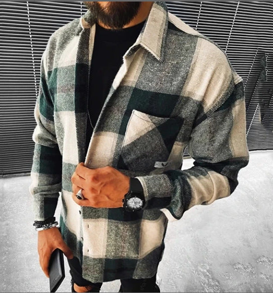 2021 Wish New Men's Shirt Plaid Pocket Long Sleeve Shirt