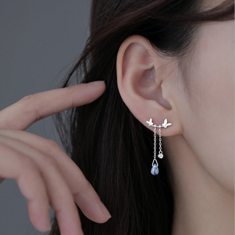 925 Sterling Silver Butterfly Tassel Stud Earrings