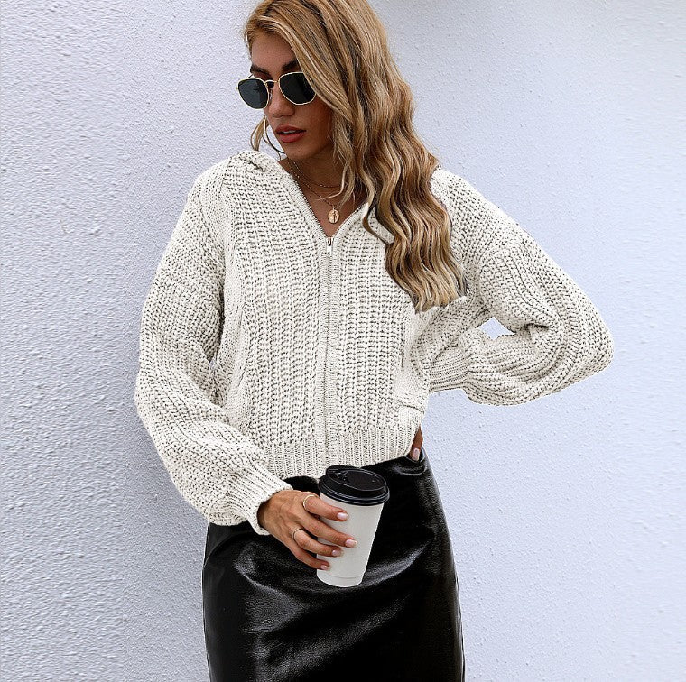 Loose Twist Hooded Knitted Cardigan With Zipper