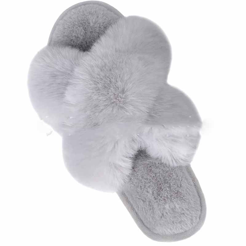 Women Fashion Warm Fluffy Slippers Cozy Faux Fur Cross Indoor Floor Slides Flat Soft Furry Ladies Female Celebrities Flip Flops