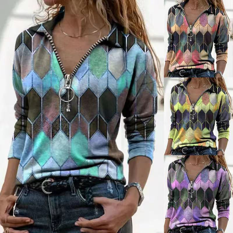 Pullover Stitching Printed V-neck Long Sleeve Shirt