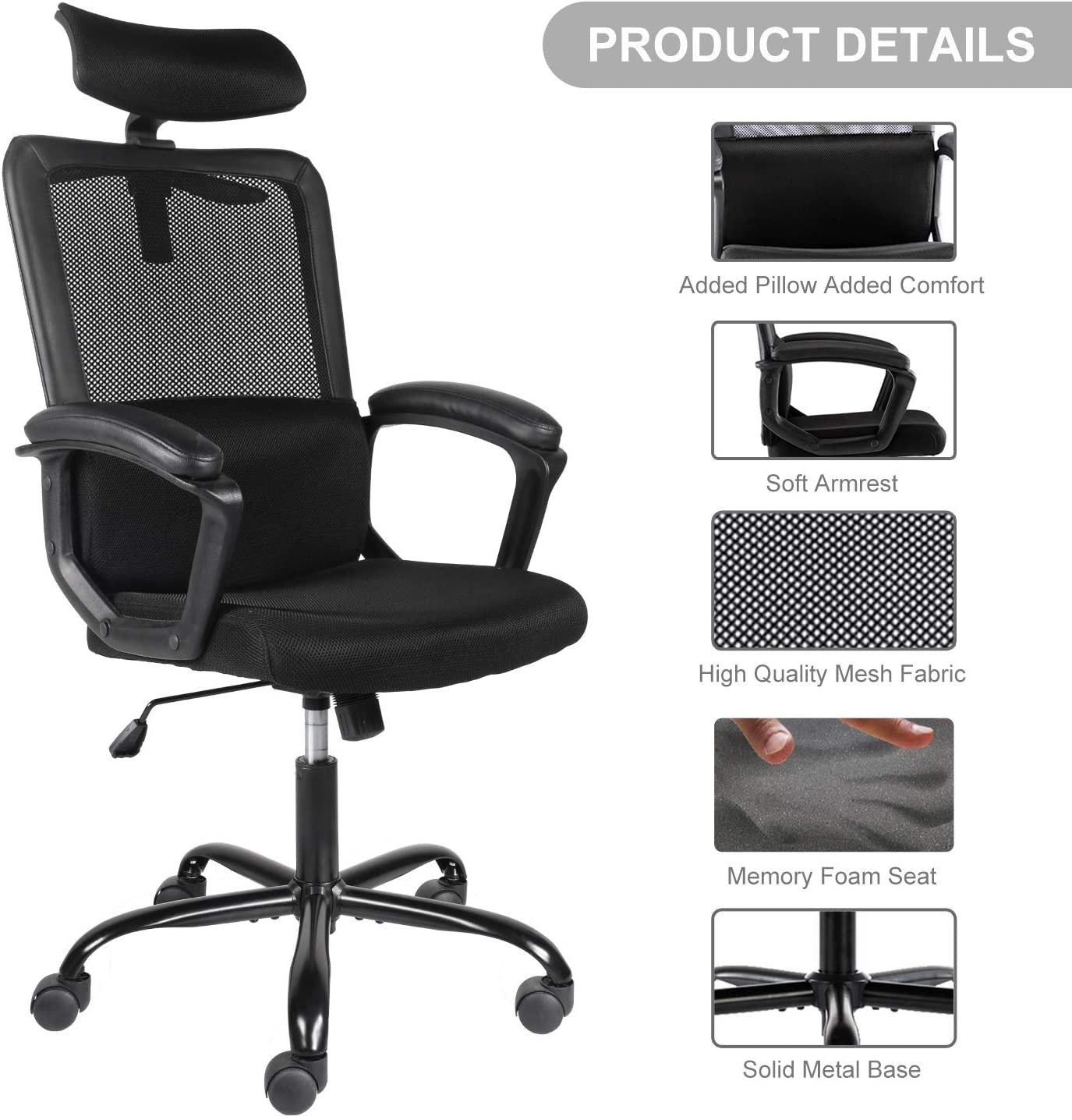 High Back Ergonomic Mesh Desk Office Chair with Padding Armrest and Adjustable Headrest