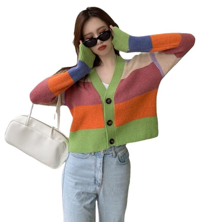 Knit Sweater Rainbow Sweater Jacket Women Retro Hong Kong Style Loose Short