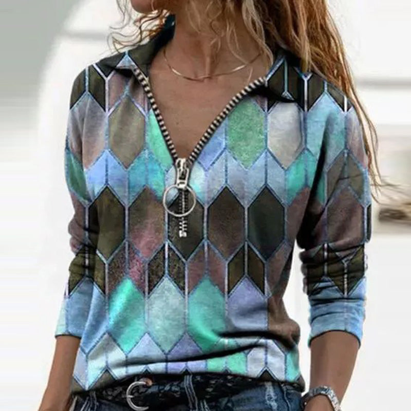 Pullover Stitching Printed V-neck Long Sleeve Shirt