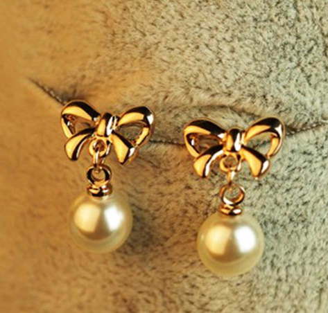 Allergy-Free Heart Zircon Ear Pins Bowknot Pearl Earrings for Women Pendiente Eardrop Rose Gold Earrings Fashion Jewelry