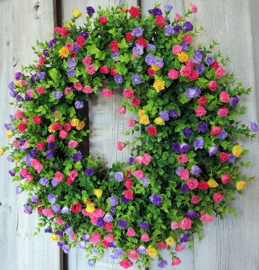 Farmhouse Colorful Cottage Wreath -Colorful Spring Summer Wreath, Artificial Flowers Door Wreath Decor With Flower Green Leaves For Front Door,Beautiful Artificial Wreath Wall Garden Wedding Decor