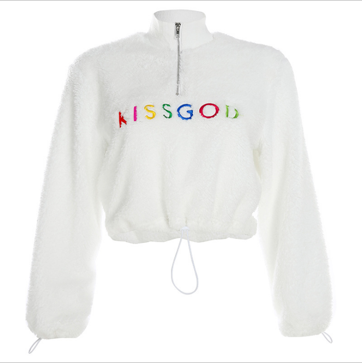 Letter embroidered lamb hair drawstring sweater