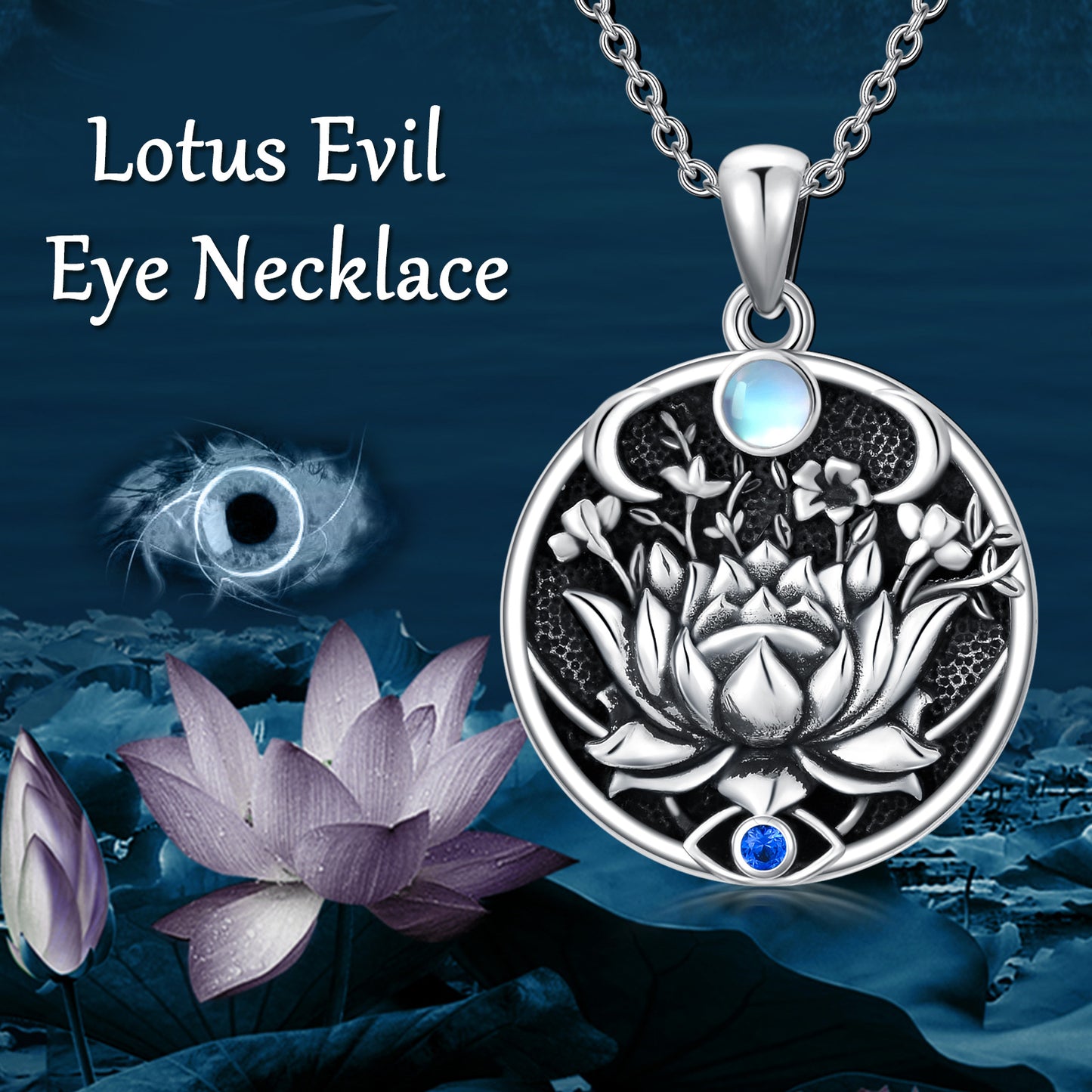 Lotus Evil Eye Necklace Sterling Silver Evil Eye Pendant Spiritual Protection Charm Moonstone Jewelry Moon Necklace for Women Girls