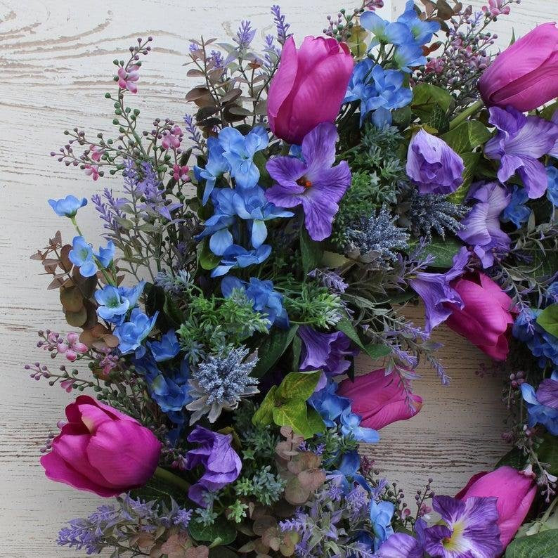 Cross Border Independent Station Spring Purple Tulip Wreath Purple Lavender Blue Larch Spring Summer Wreath