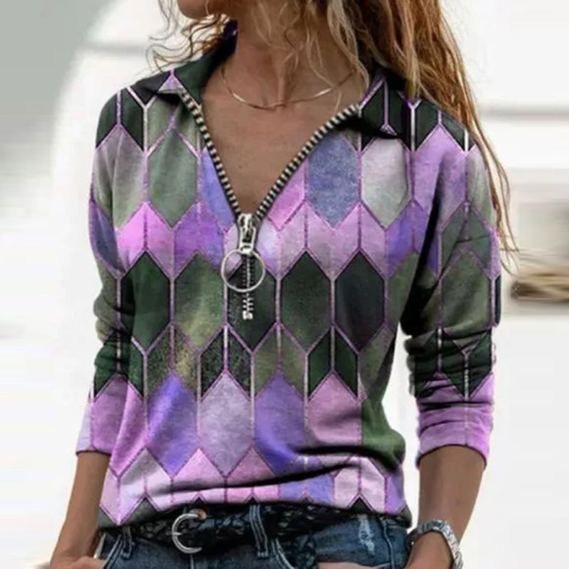 Pullover Stitching Printed V-neck Long Sleeve Shirt