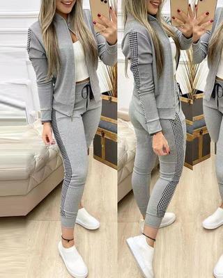 Women's Sports And Leisure Zipper Stitching Plaid Suit