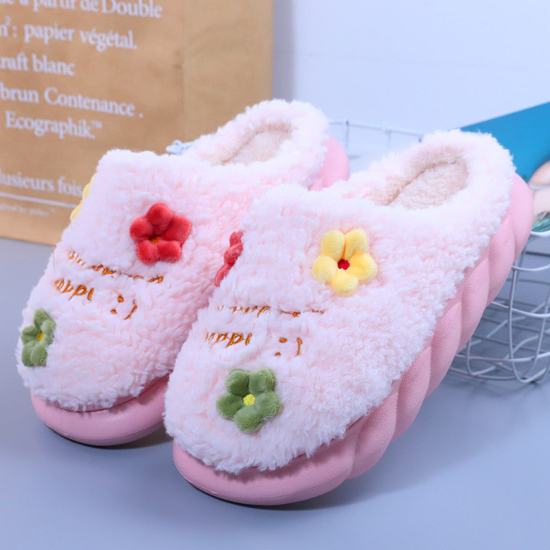 New Winter High Heel Household Cute Thick Sole Plush Cotton Slippers For Outdoor Wear Warm Non Slip Small Flower Women'S