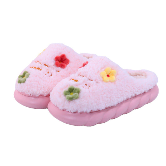 New Winter High Heel Household Cute Thick Sole Plush Cotton Slippers For Outdoor Wear Warm Non Slip Small Flower Women'S