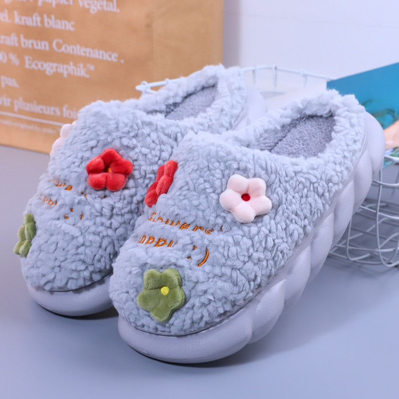 New Winter High Heel Household Cute Thick Sole Plush Cotton Slippers For Outdoor Wear Warm Non Slip Small Flower Women'S